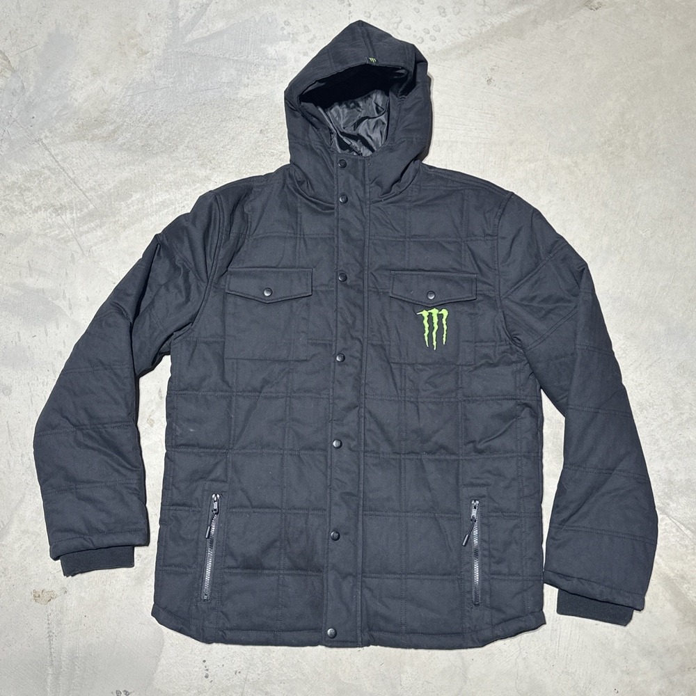 Monster Energy Men's Black Hooded Heavy Winter Coat Zip-Up Jacket Logo Size XL